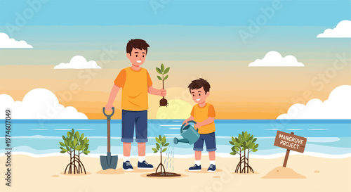 Father and son planting mangrove trees on a beach during a sunset illustration