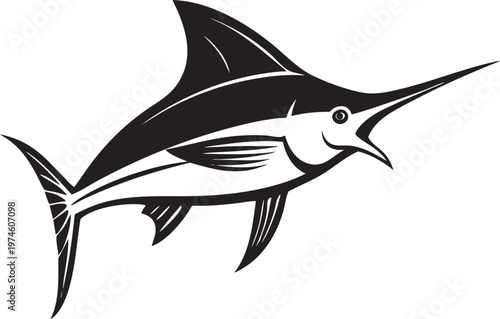 Marlin Fish Silhouette Jumping from Water Sport Fishing Icon Nautical Theme Vector Art Style