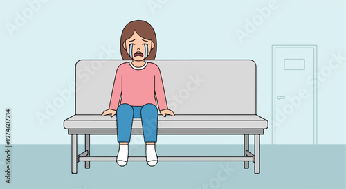 A young girl sits on a bench in a room crying with tears streaming down her face