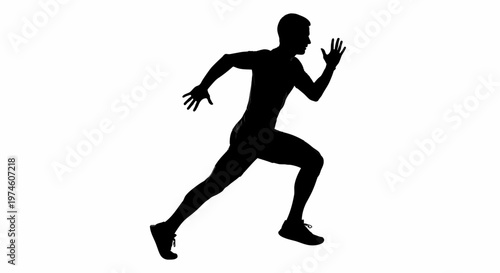 Silhouette of a male runner in motion, sprinting with determination against a white background.
