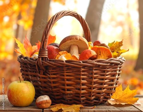 A rustic basket overflowing with various fungi, apples, and autumn leaves, sitting atop a wooden surface with a blurred foliage backdrop