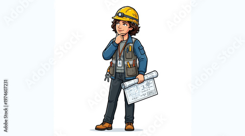Cartoon woman wearing yellow hardhat.
