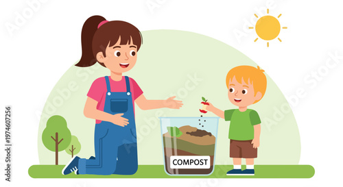 A young girl and a boy place food scraps into a compost bin in a sunny garden
