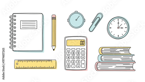 Stationery Supplies for Study and Work: A collection of essential stationery items, perfect for studies and the workplace. A pencil and notepad are accompanied by a ruler, paper clip, calculator.