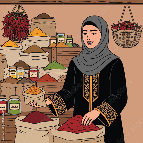 A woman in a hijab sells colorful spices at a traditional market shop stall