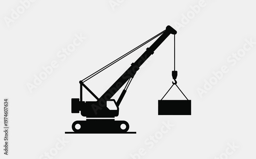A silhouette illustration of a heavy industrial construction crane lifting a rectangular load.
