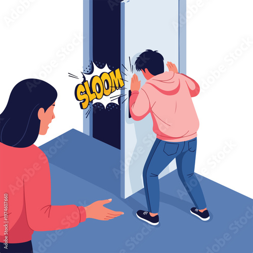 A man slams a door shut while a woman watches him in surprise and frustration