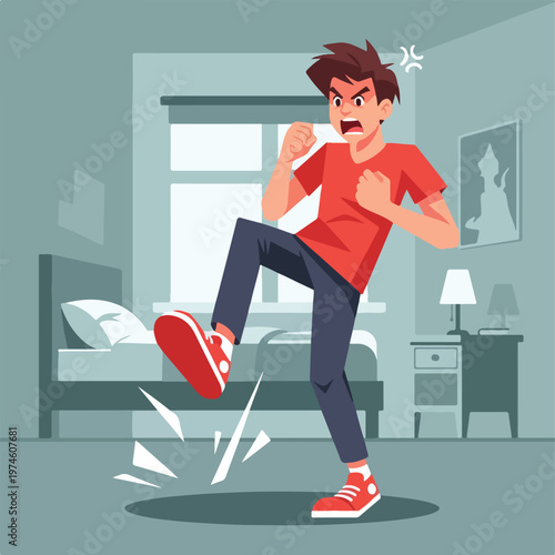 A cartoon illustration of an angry young man stomping the floor in his bedroom