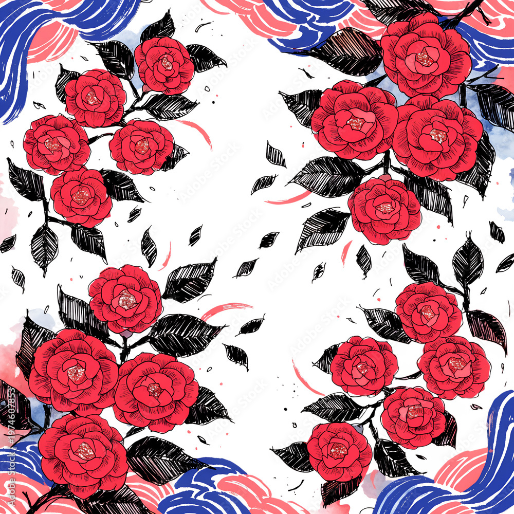 Naklejka premium Vibrant red camellia blossoms and swirling blue wave patterns on black
