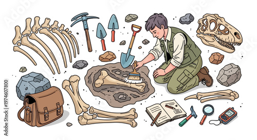 Paleontologist Discovering Dinosaur Fossil Excavation Site.