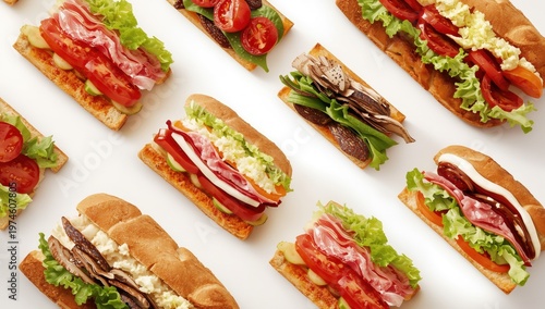 Tasty ciabatta sandwiches on a white background.