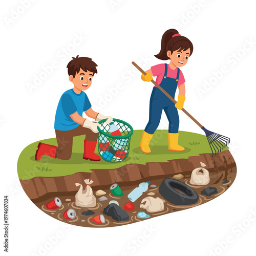 A boy and a girl work together to clean up trash from a polluted river bank