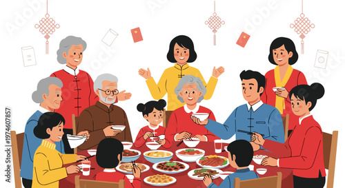 A diverse family gathered around a circular table sharing a festive meal together