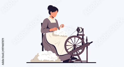 A woman in vintage attire sits using a spinning wheel to process raw wool fibers
