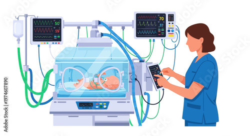 Neonatal Intensive Care Unit Scene with Nurse and Baby.