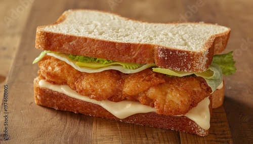 Tasty schnitzel sandwich on a wooden table, zoomed in.
