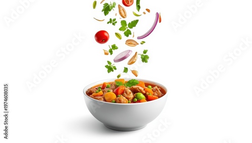 Tasty stew with fresh ingredients in a bowl against a white backdrop.