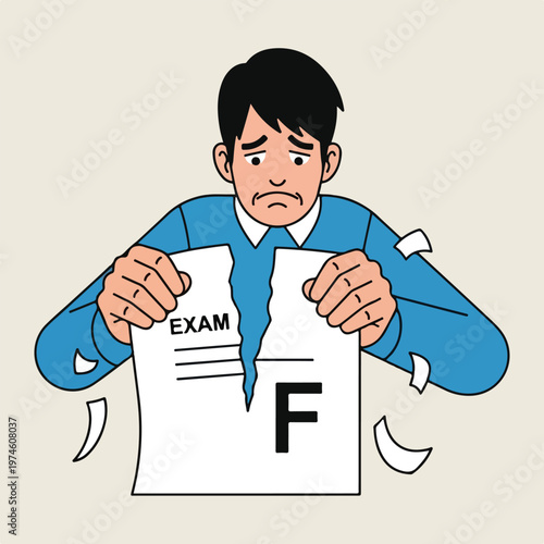A sad student tearing a failed exam paper with a large F grade written on it
