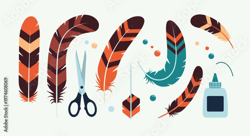 A collection of decorative feathers, scissors, glue, and dots for craft projects