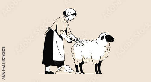 A woman in traditional apron clothing shears wool from a fluffy white sheep