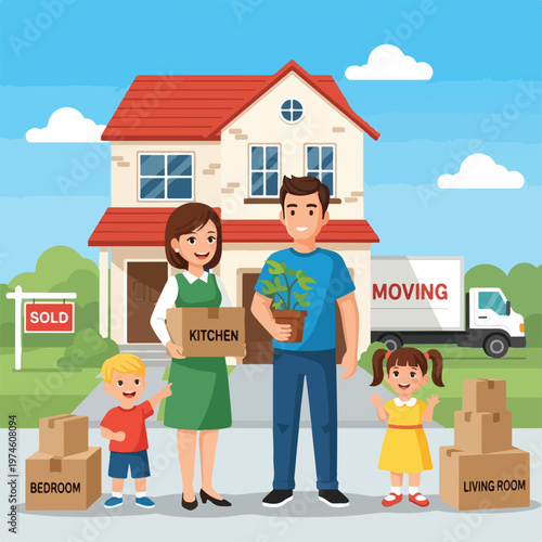 A happy family moving into a new house with cardboard boxes and a moving truck
