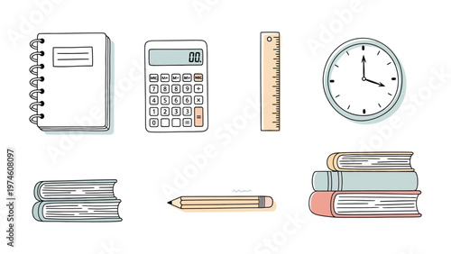 School and Office Supplies Arrangement: An organized collection of essential school and office supplies, featuring a notebook, calculator, ruler, clock, book, and pencil.