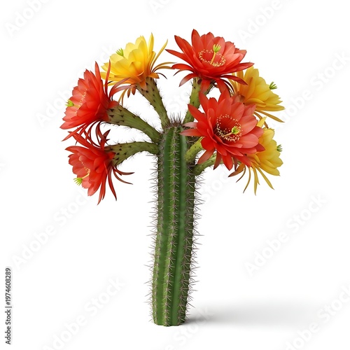 A green cactus with multiple branching arms, adorned with a profusion of bright red and yellow cactus flowers on a white background