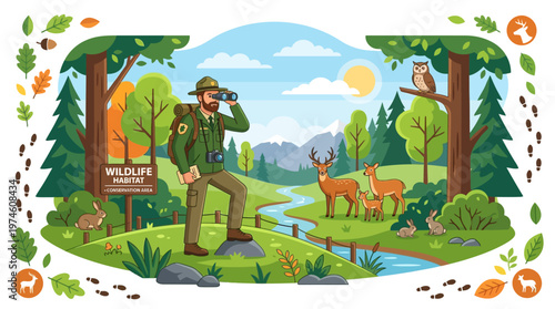 Park Ranger Observing Wildlife Through Binoculars in Forest.