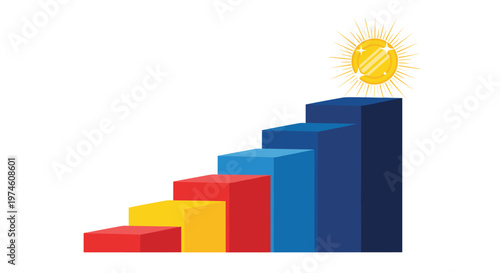 A set of five solid, vibrant, rectangular blocks of varying heights arranged in an ascending staggered pattern leading to a radiant gold coin.
