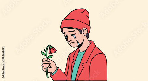 A crying person in a red beanie and jacket holds a single wilted red flower