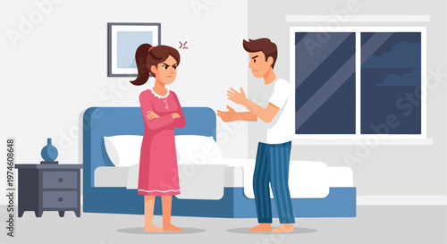 An angry couple stands in a bedroom arguing with each other in flat illustration