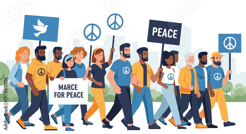 A diverse group of people walking together holding signs and symbols for peace