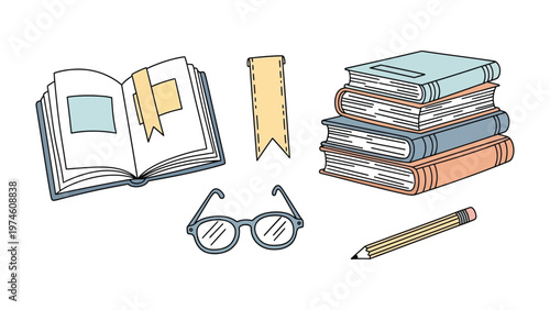 Literary Tools: An illustrated collection of essential reading accessories, perfect for a cozy reading experience, encouraging a love for literature.