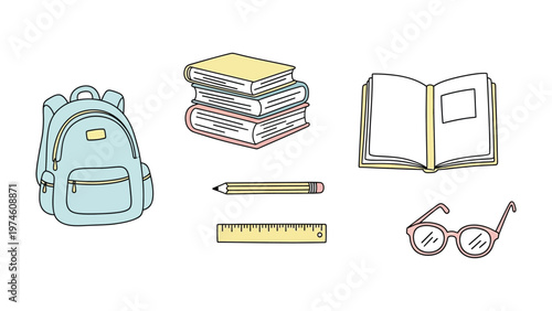 Essential School Supplies Arrangement: An illustration showcasing the fundamental tools for scholastic pursuits, a backpack, stacked books, an open book, a pencil, a ruler, and glasses.