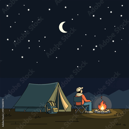A lone camper sits by a campfire at night under a clear starry sky and moon