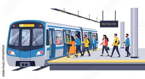 People boarding and disembarking a modern subway train at a station platform.