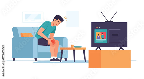 A man sitting on a sofa in pain while clutching his injured or aching knee