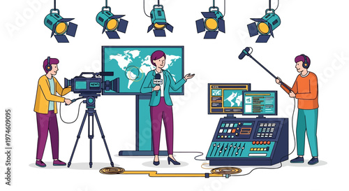 News broadcast studio with camera crew and presenter.