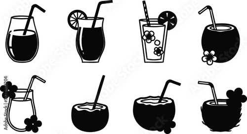 Collection of various cocktail drinks with straws and garnishes isolated on white background