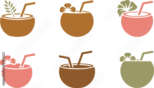 Set of colorful cocktail drinks with straws and leaves on top  tropical vacation summer beverages icons