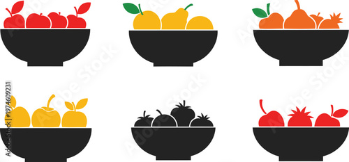 Colorful fruit bowls with various apples and pears in different colors on white background