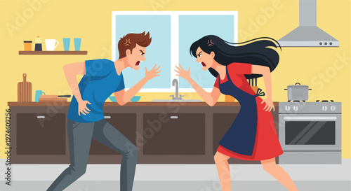 Angry man and woman shouting at each other during a confrontation in the kitchen
