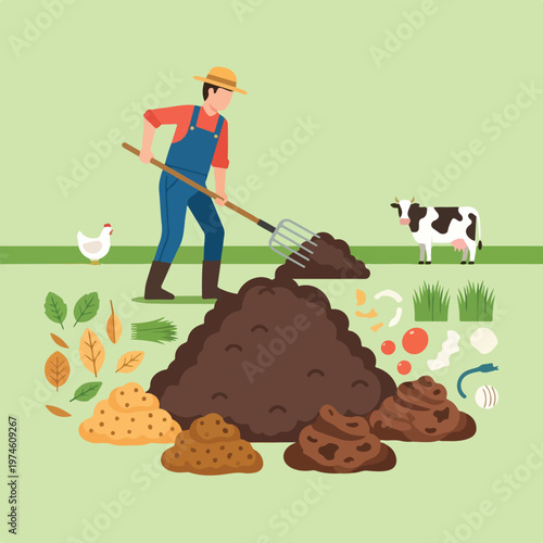 A farmer uses a pitchfork to create a large pile of brown compost on a farm