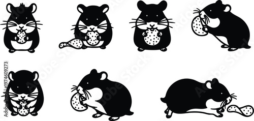 Six black and white cartoon hamsters eating slices of pizza in different poses on white background
