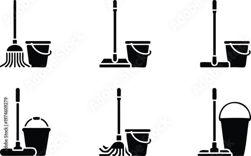 Six black and white silhouettes of cleaning tools and buckets in various combinations on a white background