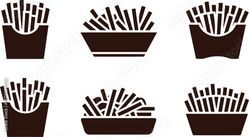 Six brown french fry icons in various containers on white background