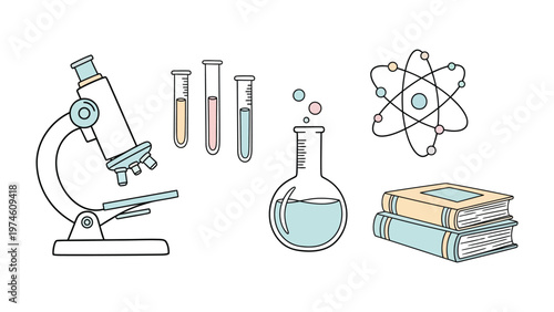 Science Essentials: An array of scientific tools, like a microscope, test tubes, and a flask, alongside a molecular model and books, embody the essence of discovery.