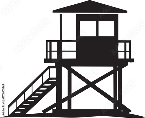 Lifeguard Tower Silhouette on Beach Sand Elevated Structure with Stairs Minimalist Vector Art