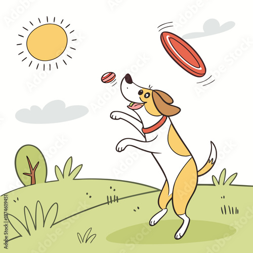 Cartoon dog catching a frisbee in a sunny park dog catching frisbee red collar