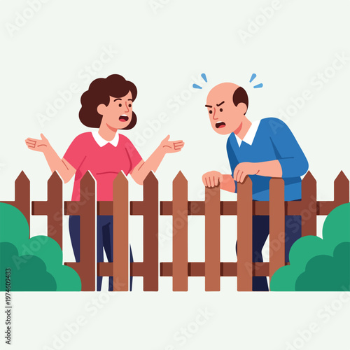 A man and woman argue aggressively across a wooden backyard fence in flat style